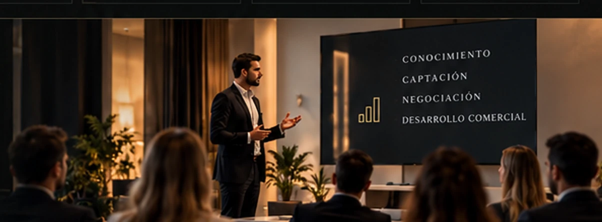 Sesión formativa dirigida a profesionales inmobiliarios, imagen conceptual generada con IA